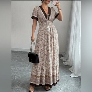 Brown V Neck floral Maxi Dress